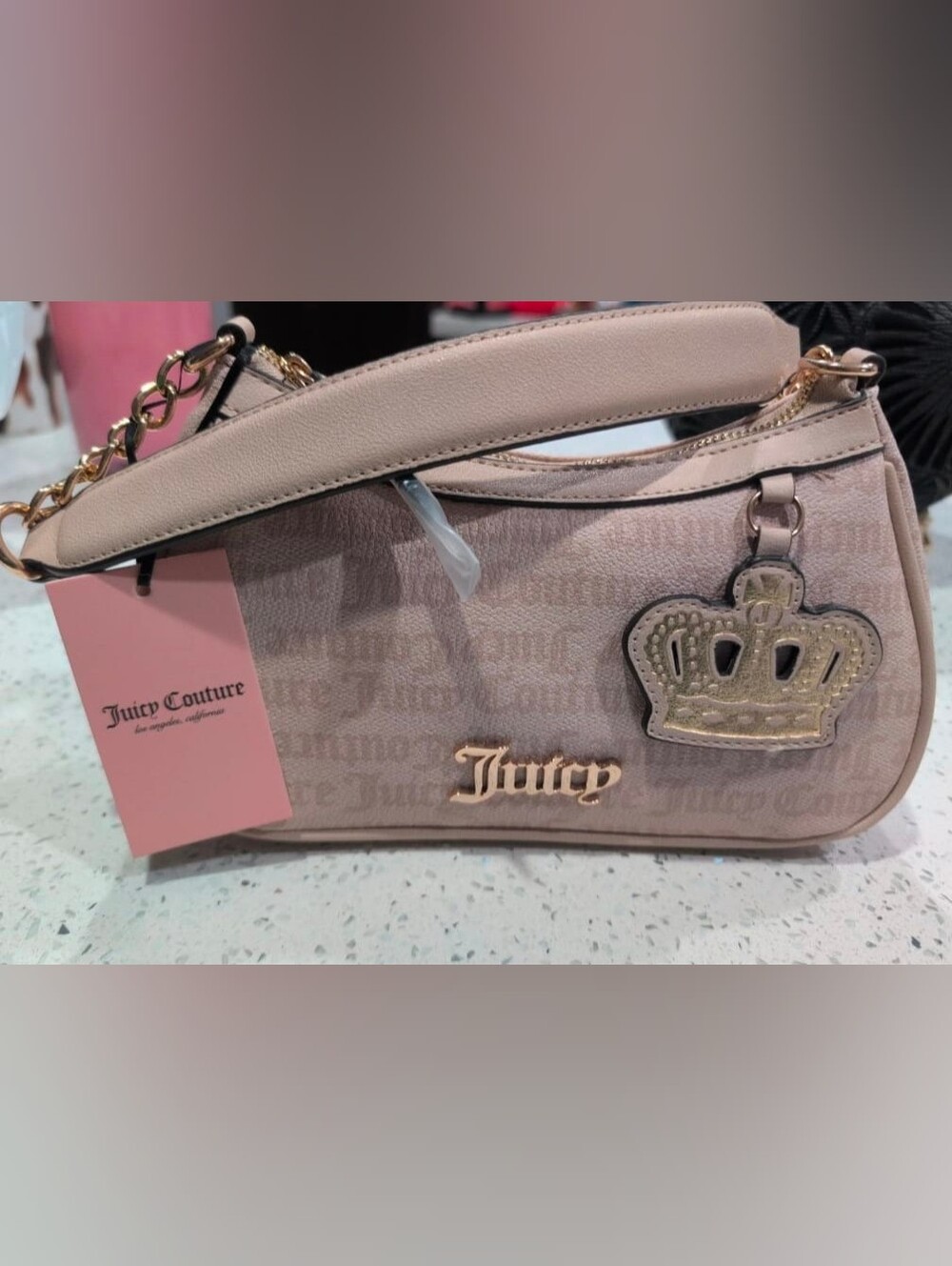 Juicy Couture Blush Beige Logo Shoulder Bag with Crown Charm
